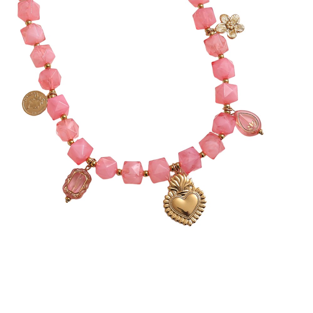 Stainless steel necklace 45cm chain with small acrylic cubes and golden flower, heart