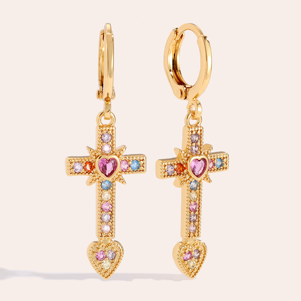 Gold-plated earrings 3.9cm Diamond Cross And Heart