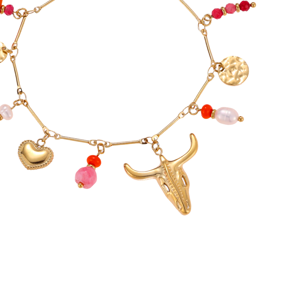 Stainless steel bracelet, 17 cm, heart-shaped beads, bull’s skull