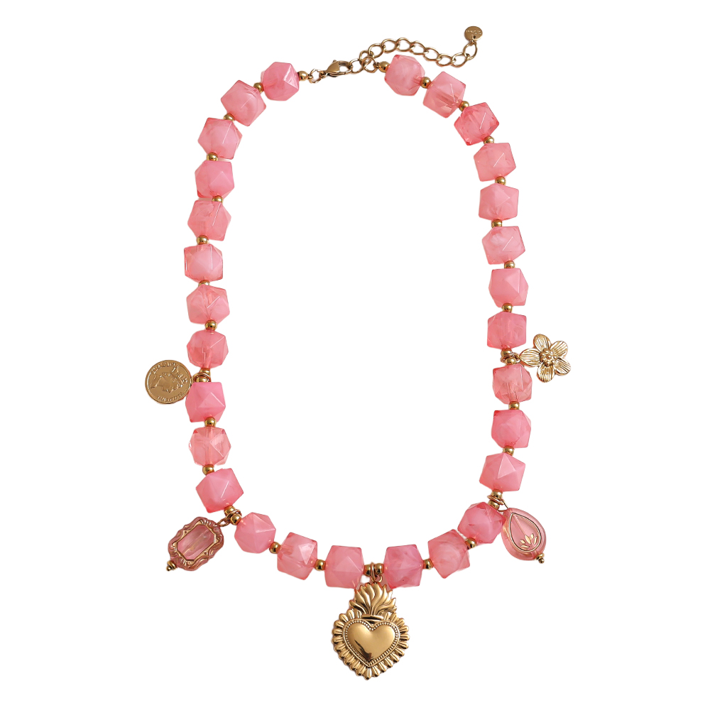 Stainless steel necklace 45cm chain with small acrylic cubes and golden flower, heart