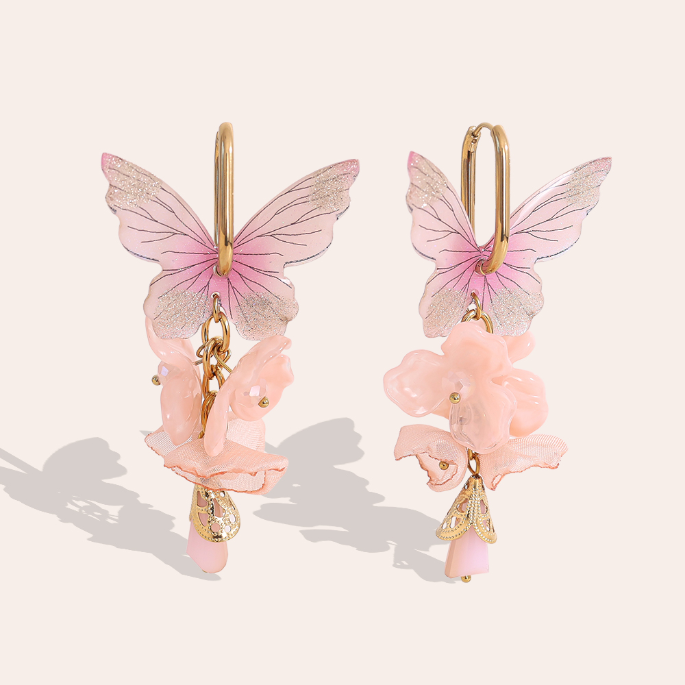 Stainless steel earrings 80mm acrylic flowers butterfly