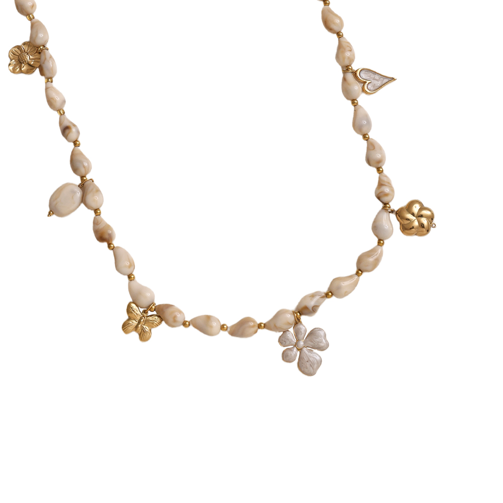 Stainless steel necklace 89cm necklace with resin drops and golden butterfly, flower, heart