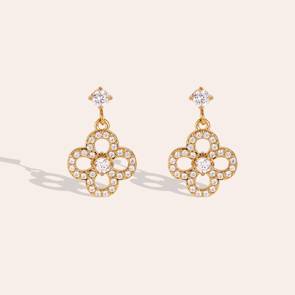 Stainless steel earrings, 20 mm, cubic zirconia, four-leaf clover  