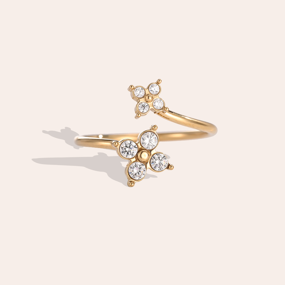 Stainless Steel Adjustable Double Cloverleaf Zirconia Ring 