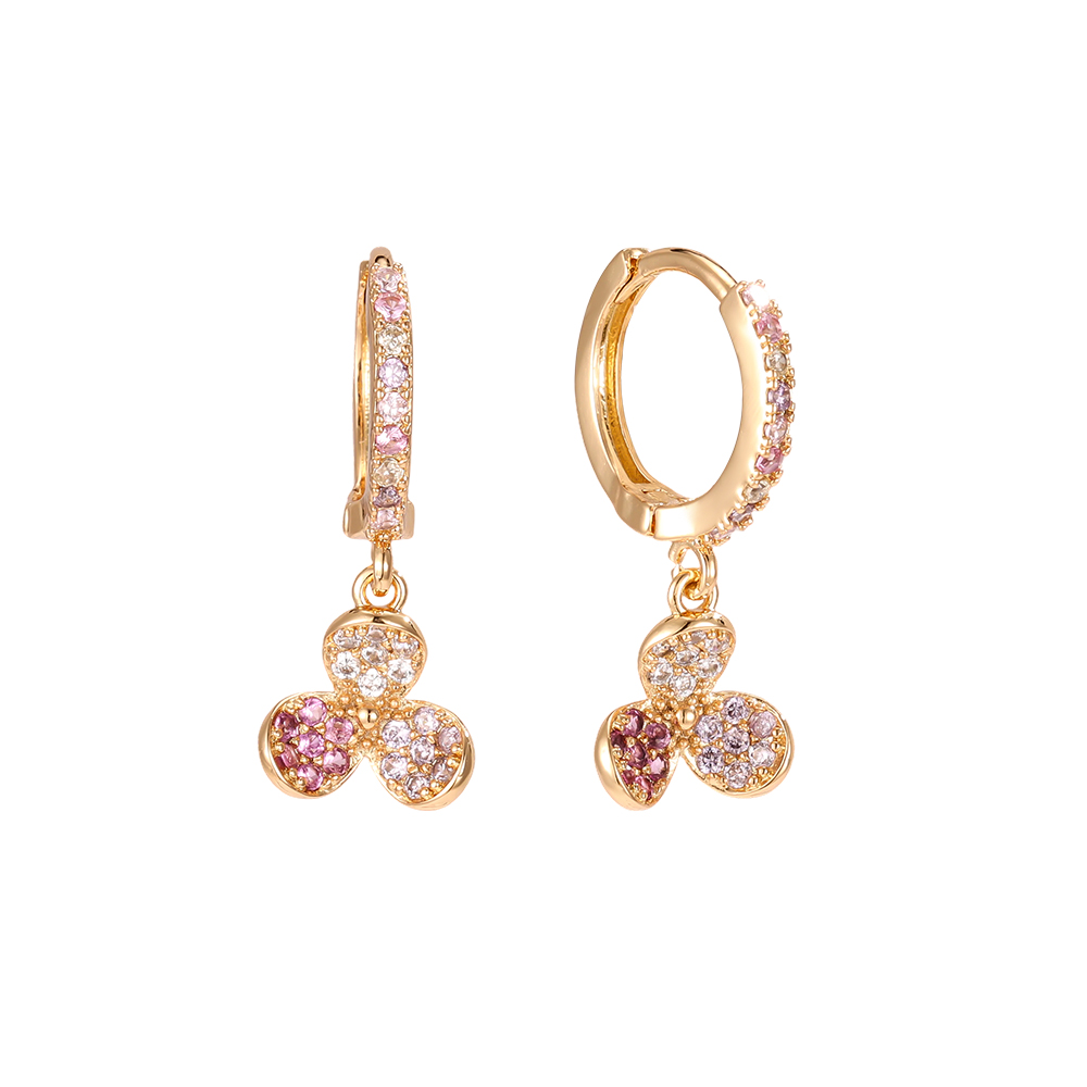 Gold-plated earrings, 24mm three-petalled cubic zirconia flower 