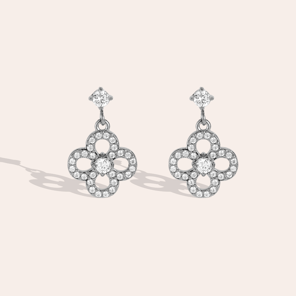 Stainless steel earrings, 20 mm, cubic zirconia, four-leaf clover  