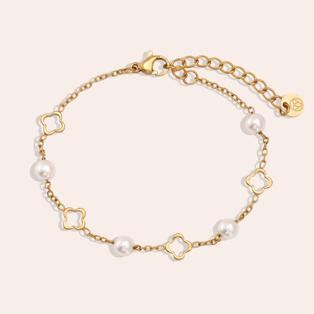 Stainless steel bracelet, 16 cm, with a shamrock and pearls