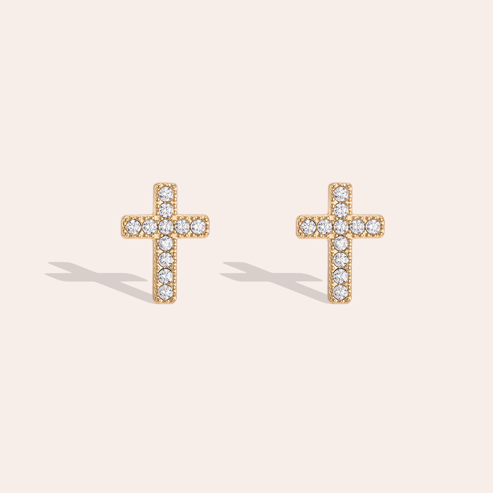Stainless steel earrings, 12mm, cubic zirconia cross