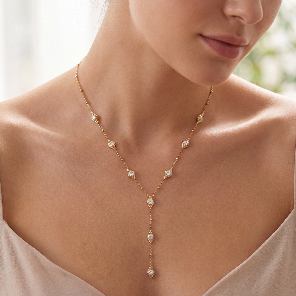 Stainless steel necklace, 41 cm, with several sparkling round cubic zirconia stones