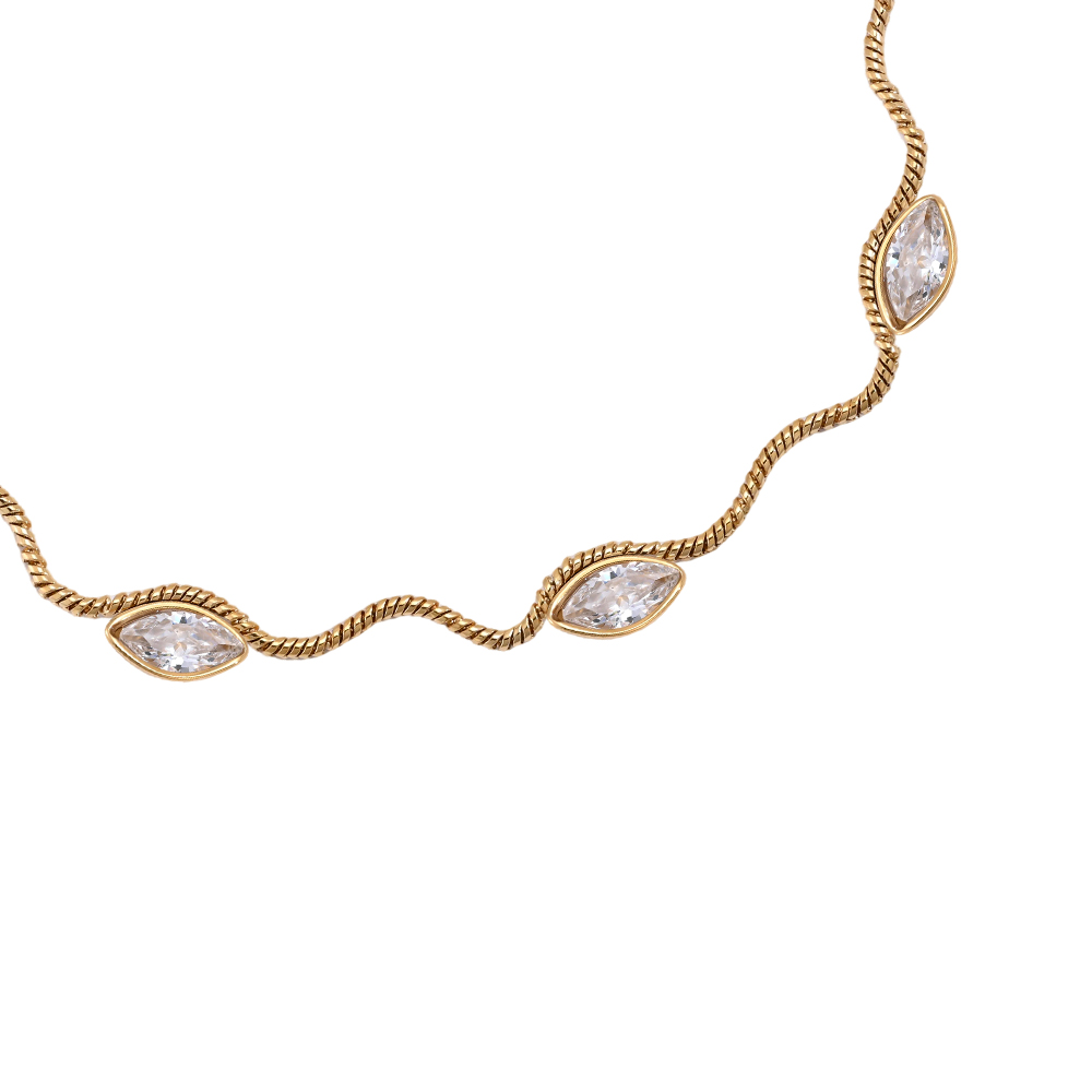 Stainless steel bracelet, 17 cm, wave chain with eyelet and cubic zirconia