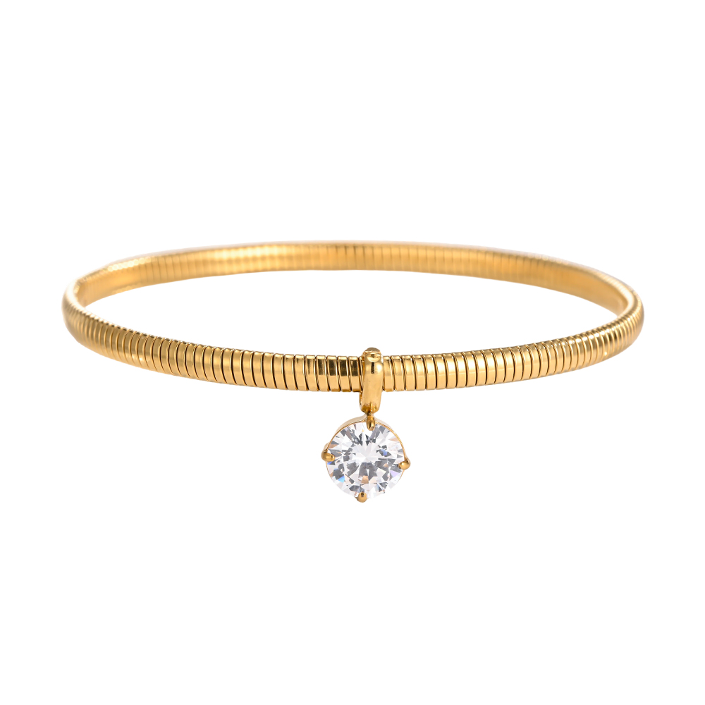 Stainless steel bangle, 6.2 cm, gold-coloured with round cubic zirconia