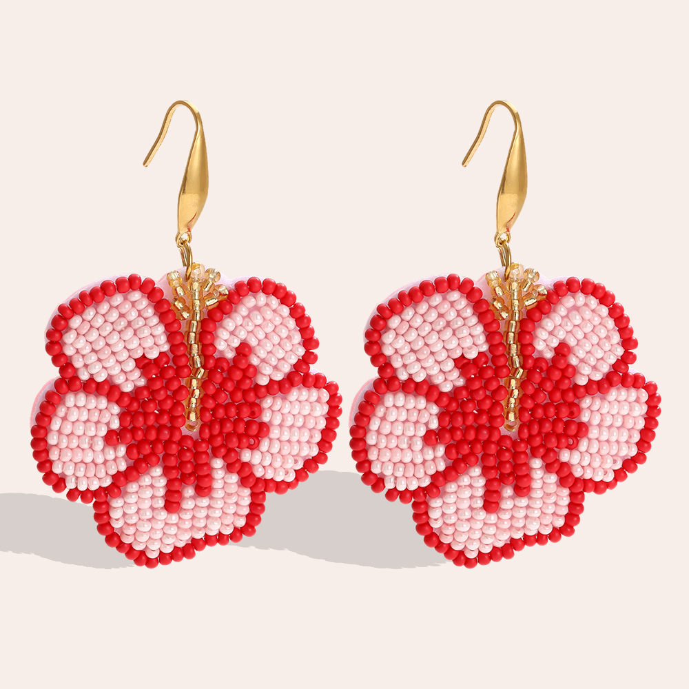 Stainless steel earrings 65mm red beads flowers