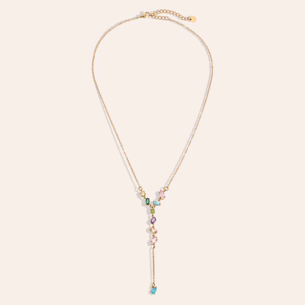 Stainless steel necklace, 40 cm, featuring various shapes and sparkling cubic zirconia