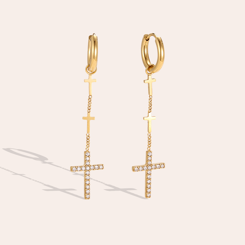 Stainless steel earrings, 50 × 12 mm, cubic zirconia cross chain