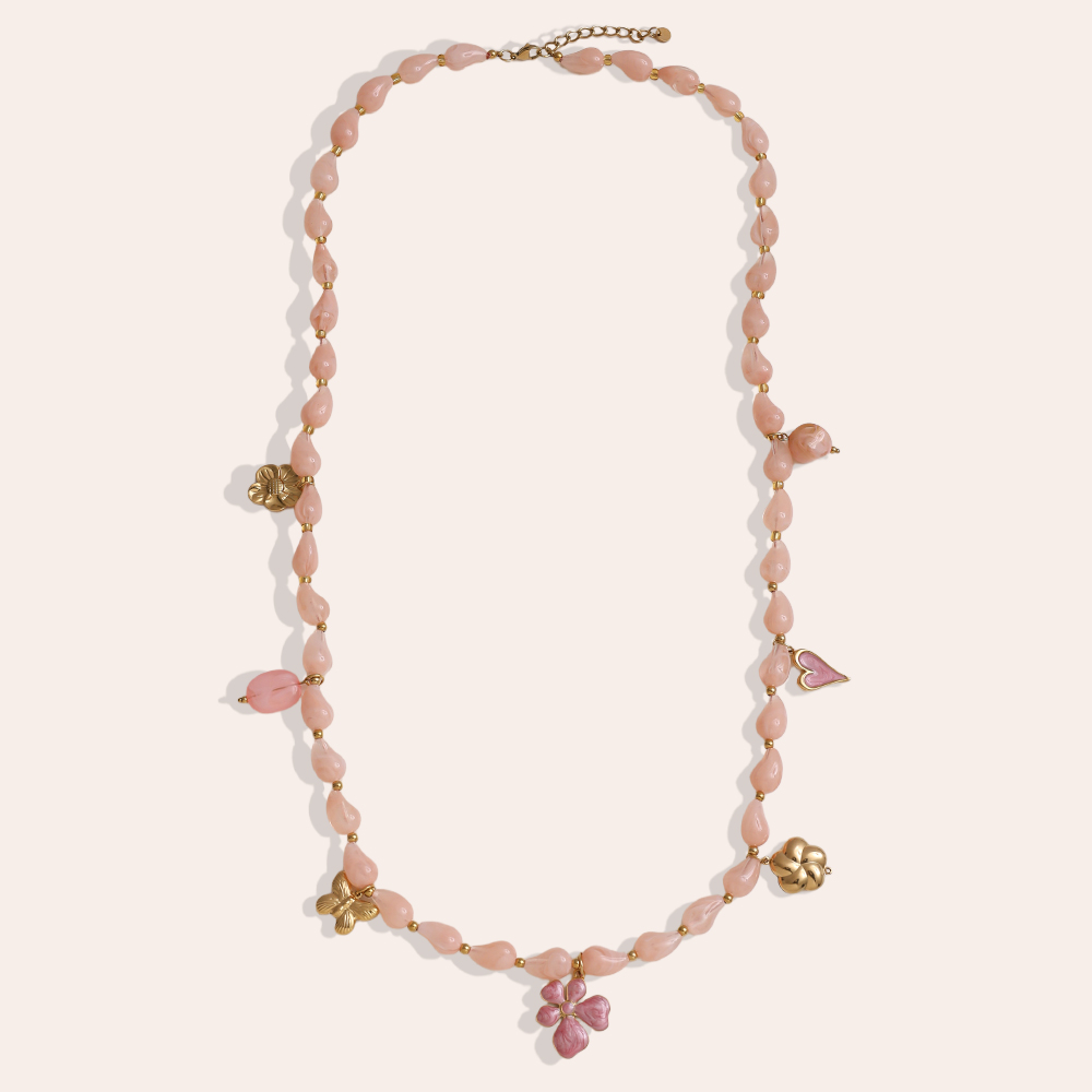 Stainless steel necklace 89cm necklace with resin drops and golden butterfly, flower, heart