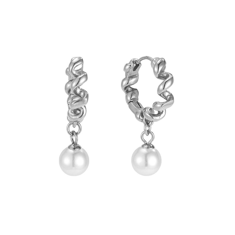 Stainless steel earrings, 29 mm. Beautiful twisted hoop earrings with a pearl